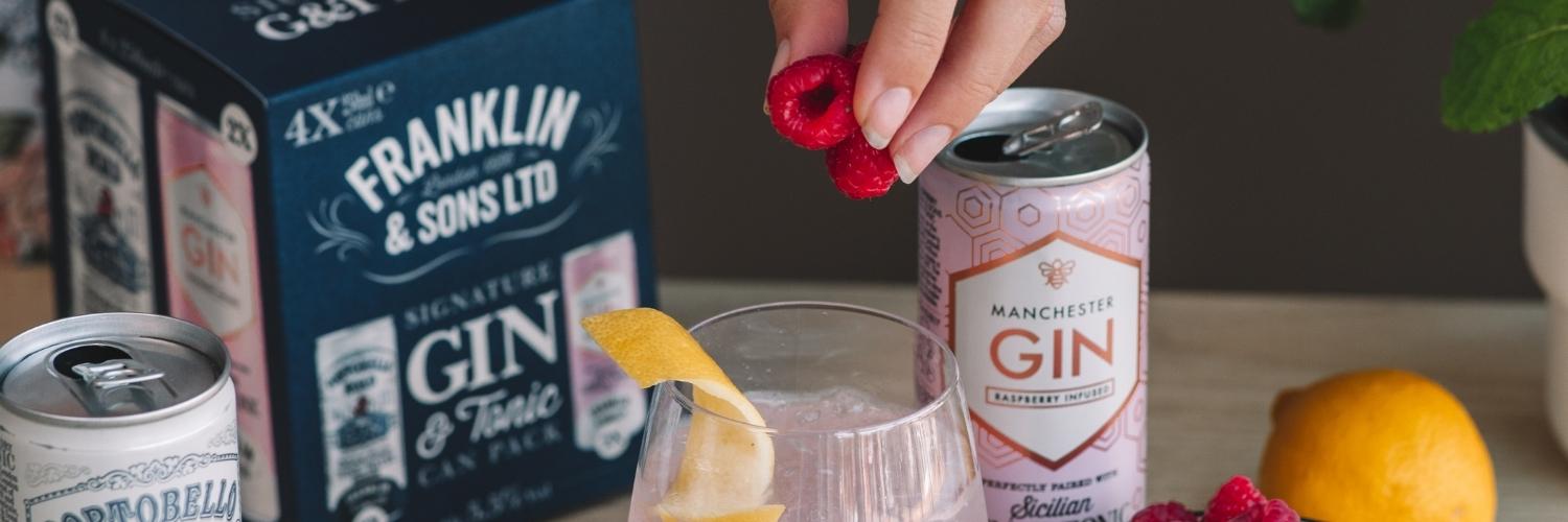 Our Manchester Gin Raspberry Infused Gin and Sicilian Lemon Tonic Water with Portobello Road Gin and Franklin & Sons Natural Tonic Water can