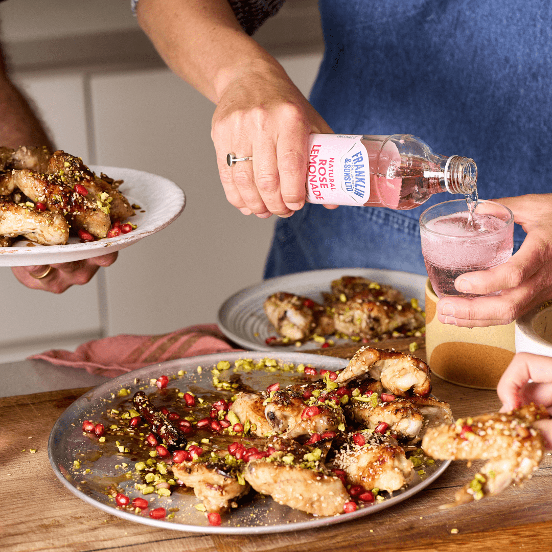 Rose Lemonade Sticky Chicken Wings With Sesame, Pistachio & Pomegranate