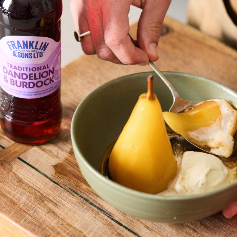 Dandelion & Burdock Poached Pears With Vanilla Ice Cream